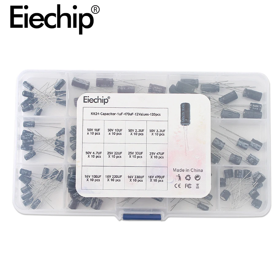 120 Uds 12 tipos de condensadores electrolíticos Range1UF-470UF Kit surtido, condensadores electrolíticos radiales de aluminio de 16V/25V/50V