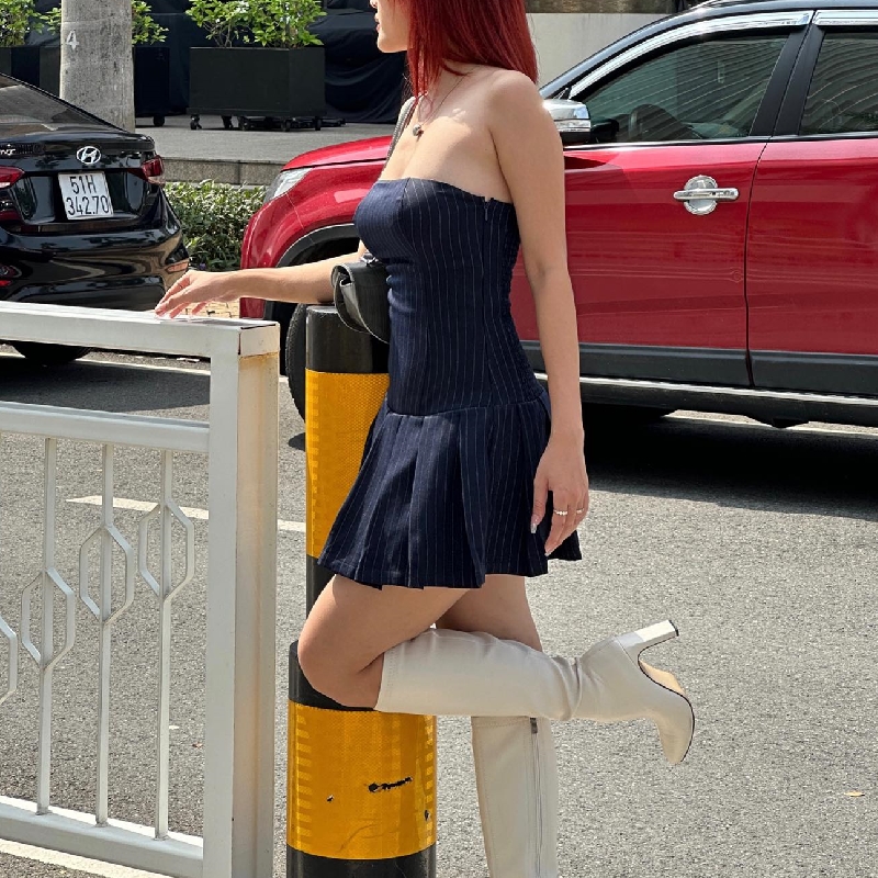 WhereMery koreańska moda damska sukienka trapezowa Y2K bez rękawów głęboki dekolt plisowane sukienki w paski wiosna lato elegancka szczupła Vestidos