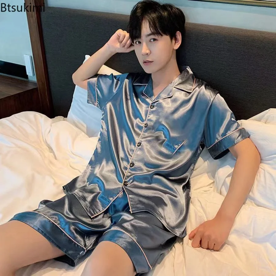 Nouvel été hommes pyjama ensembles soie Satin Pijama col rabattu vêtements de nuit à manches courtes vêtements de nuit mâle 2 pièces ensembles Homewear 5XL
