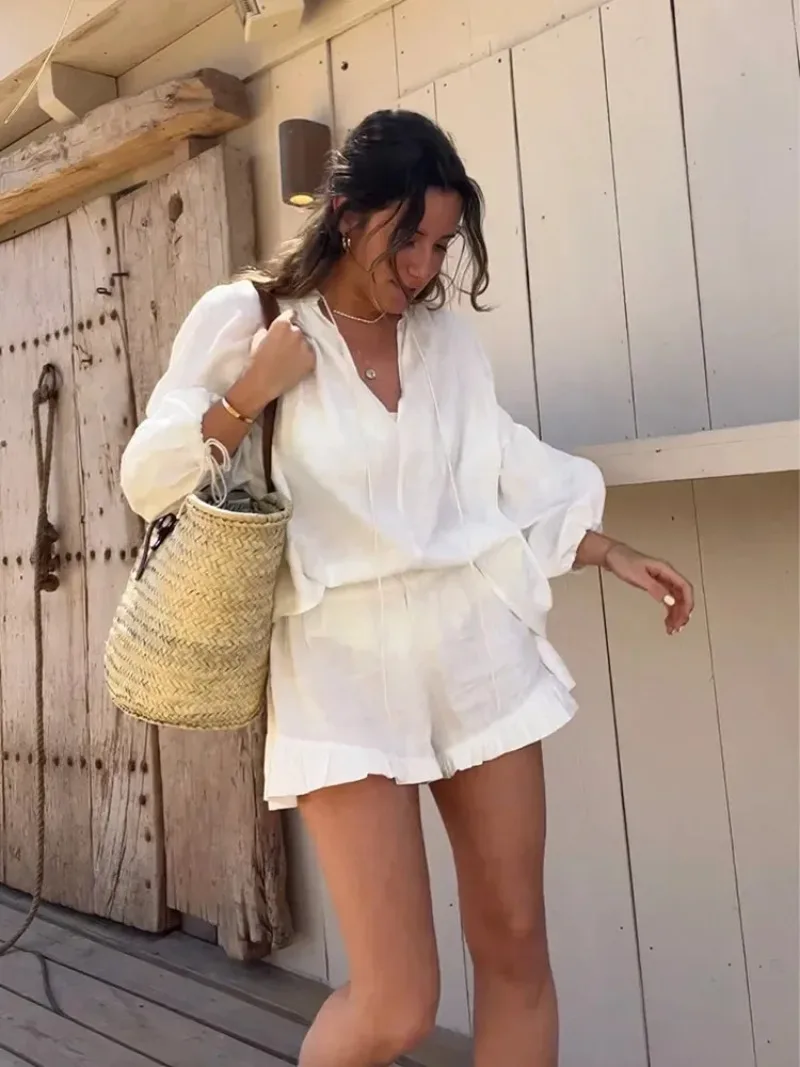 Dames Casual Katoenen Linnen Ruches Shorts Pak Lange Mouw Trekkoord Linnen Pullover 2 Ps Set Zomer Dames Strand Outfit Blouse