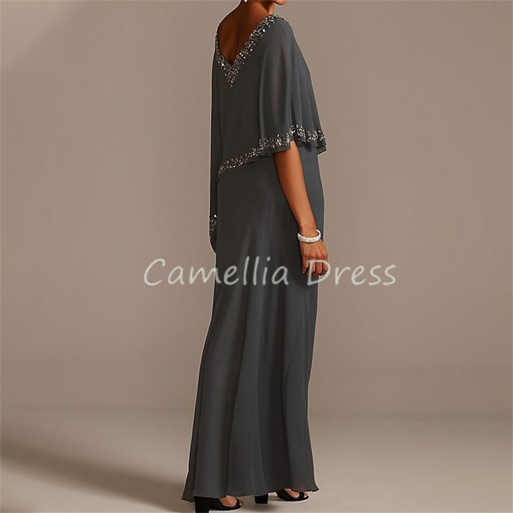 Elegante V-Ausschnitt Mutter der Braut Kleid Halbarm Chiffon A-Linie mit Perlen Abendkleider Vestidos Mae da Noiva Casamentos