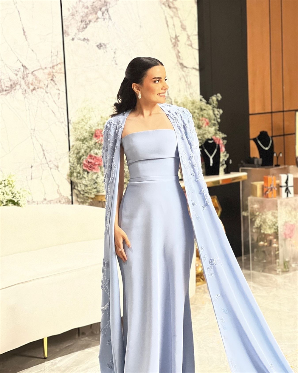 Personalizado eleagnt strapless empie a linha vestido de festa até o chão apliques boné formal vestidos de noite