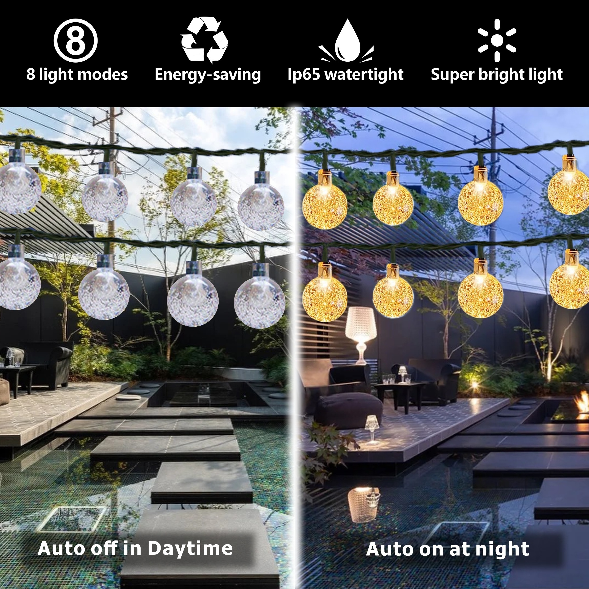 1 paquete de 64 pies IP65 globo de cristal luces de cadena solares 100 LED 8 modos de iluminación luces solares al aire libre para fiesta de Navidad de Halloween