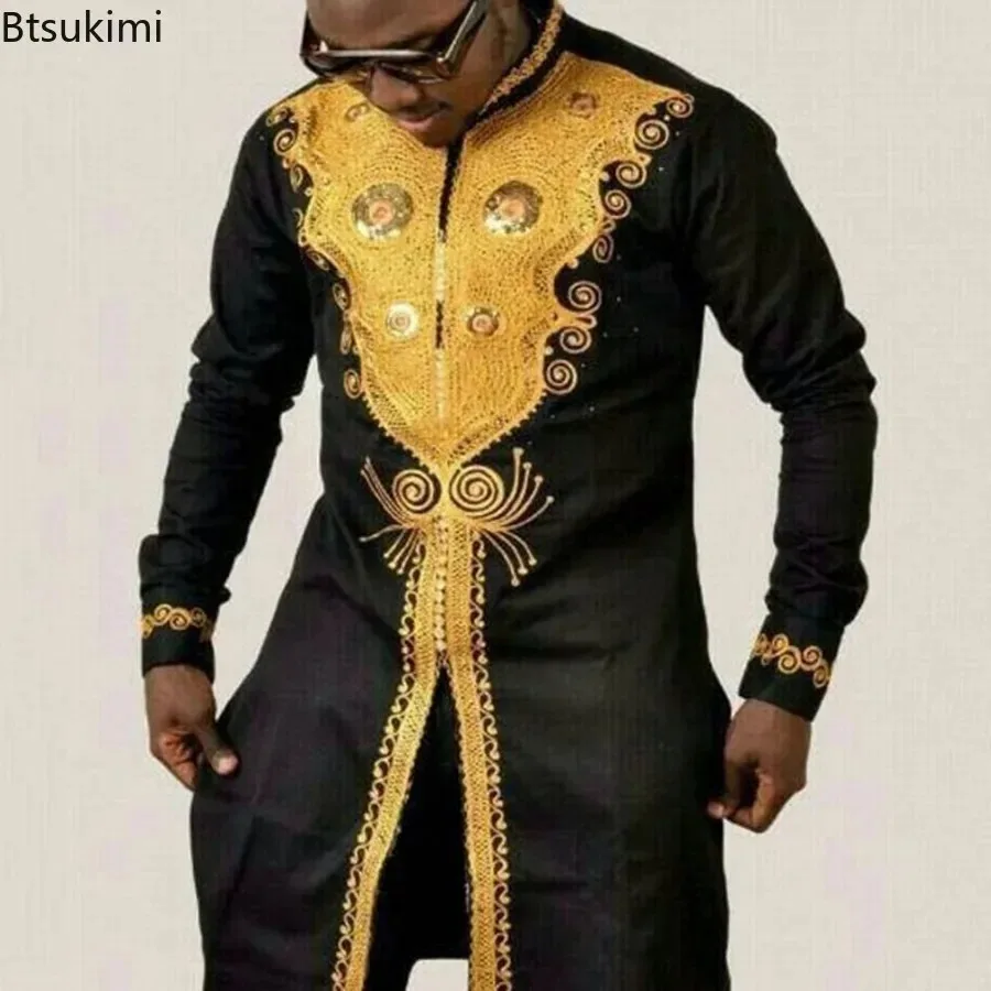 2025 roupas masculinas gola dourada impressão camisa de manga longa na moda hip hop áfrica roupas casuais estilo étnico meados de comprimento topo