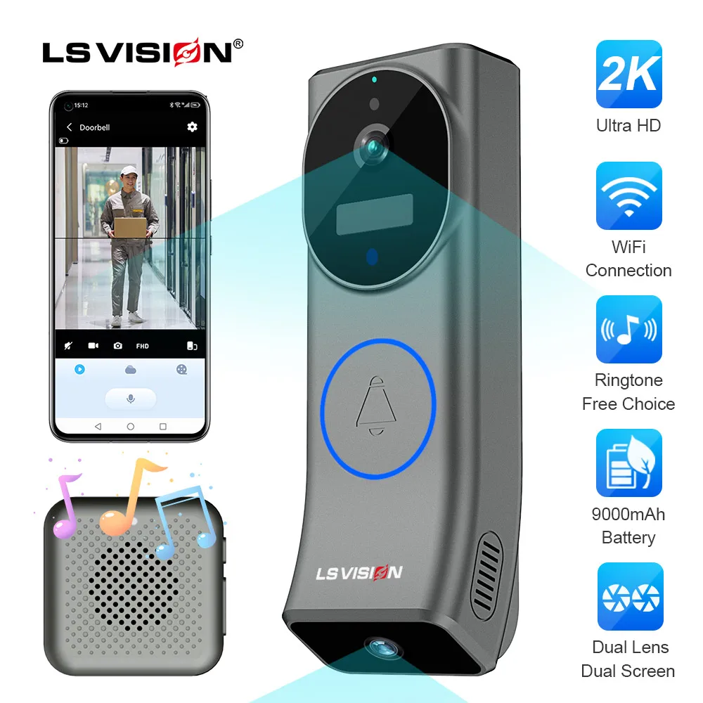 Ls vision 2k Dual-Screen-Video-Türklingel 4mp WiFi Dual-Objektiv Pir Bewegungs erkennung Zwei-Wege-Audio-Batterie Türklingel Kamera mit Glockenspiel