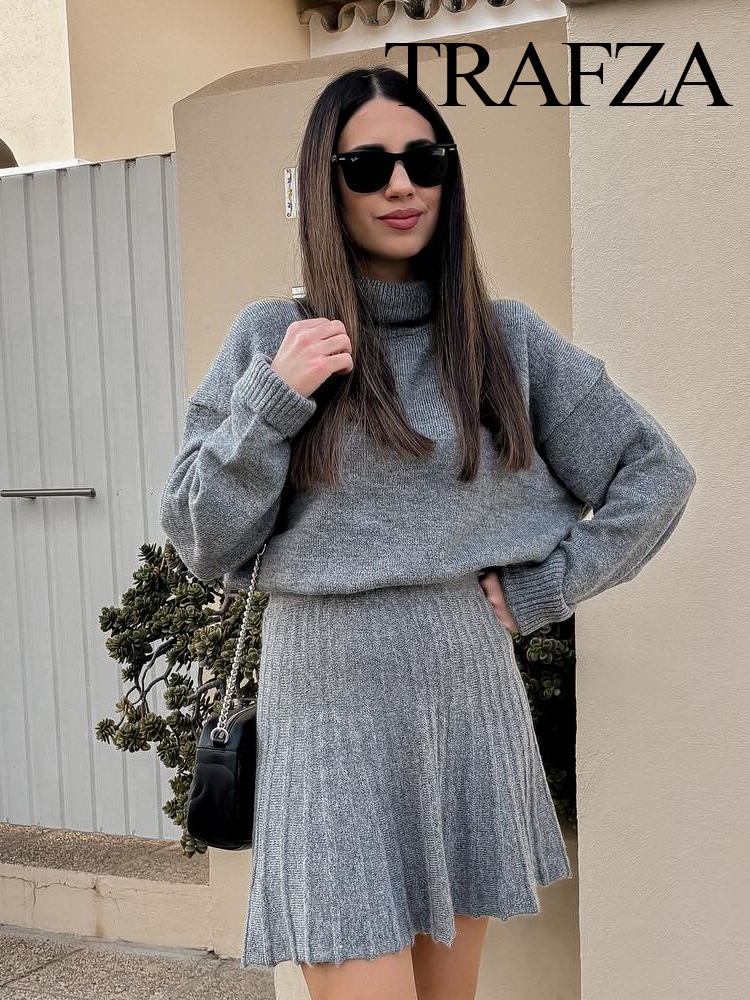 TRAFZA ファッション女性のハイネックヴィンテージルーズニットスーツ女性クロップドセーター長袖女性プルオーバーシックなトップススカート