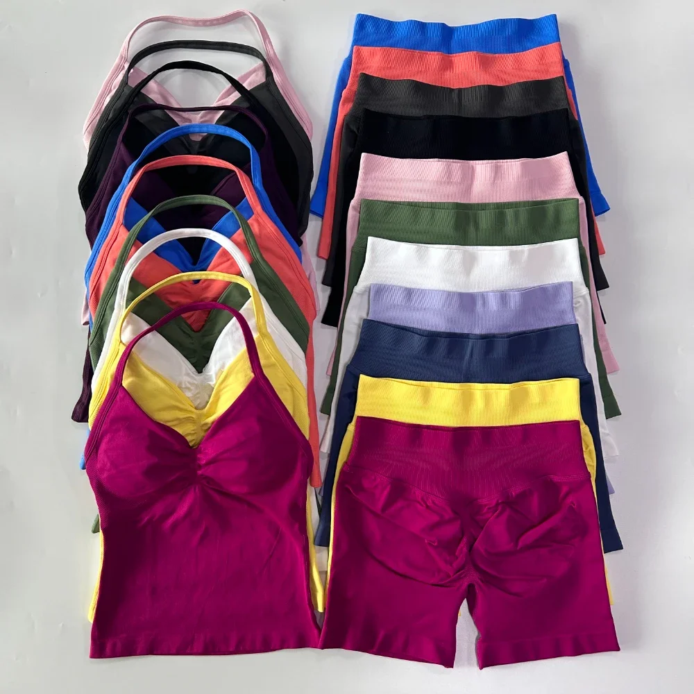 Conjunto deportivo de 2 piezas para mujer, camisetas sin espalda para Yoga, pantalones cortos sin costuras de cintura alta, conjunto deportivo para gimnasio, ropa deportiva, conjunto de entrenamiento