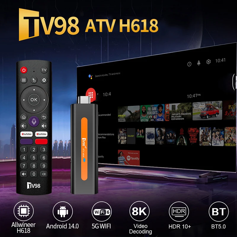 ATV Smart TV Stick Android 14 Support HD 8K Video 4K BT5.0 WiFi 6 Allwinner H618 Quad Core Cortex A53 Voice Remote Smart TV Box