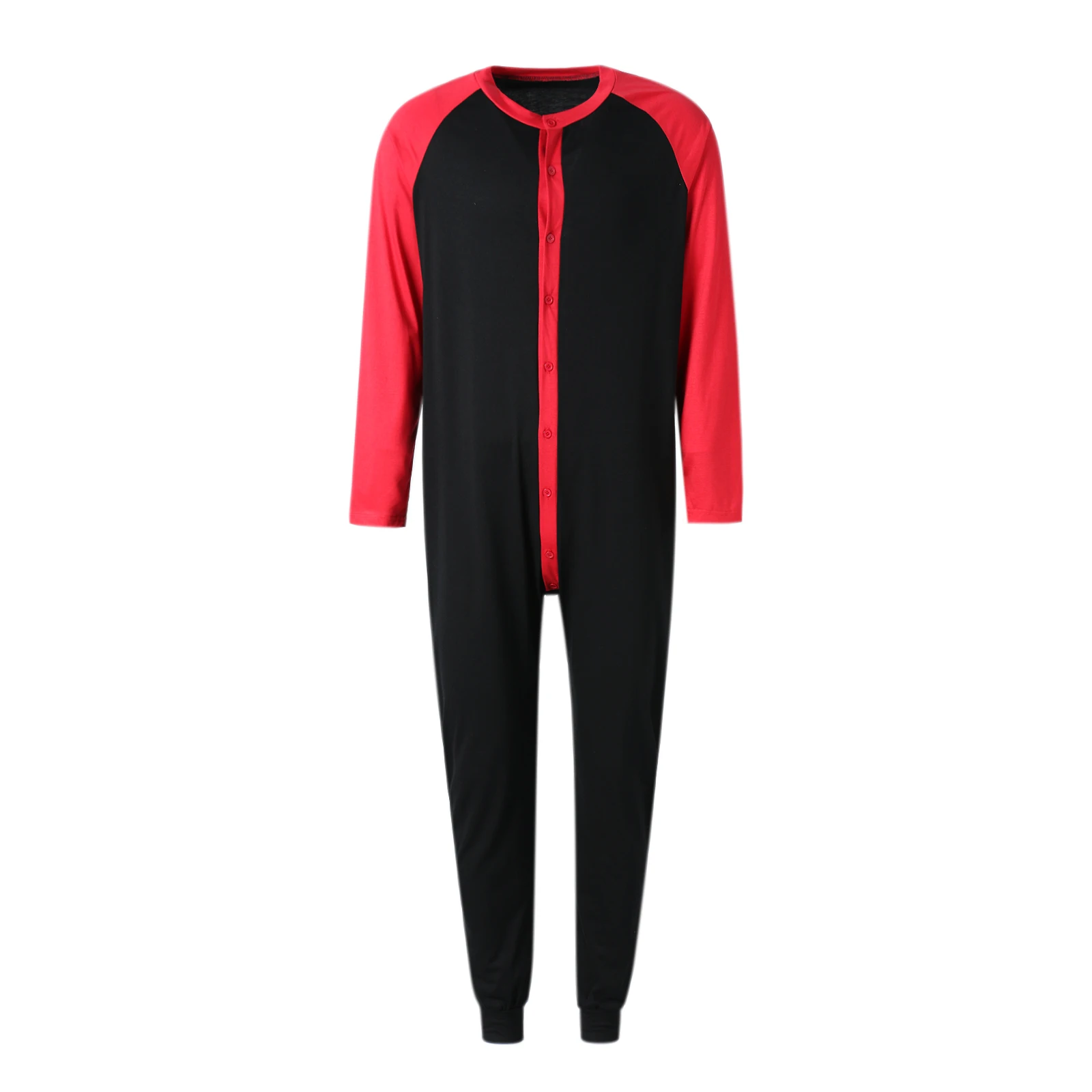Herren-Pyjama mit Knopfleiste, langärmelig, Rundhalsausschnitt, Farbblock-Overall, Nachtwäsche für Erwachsene