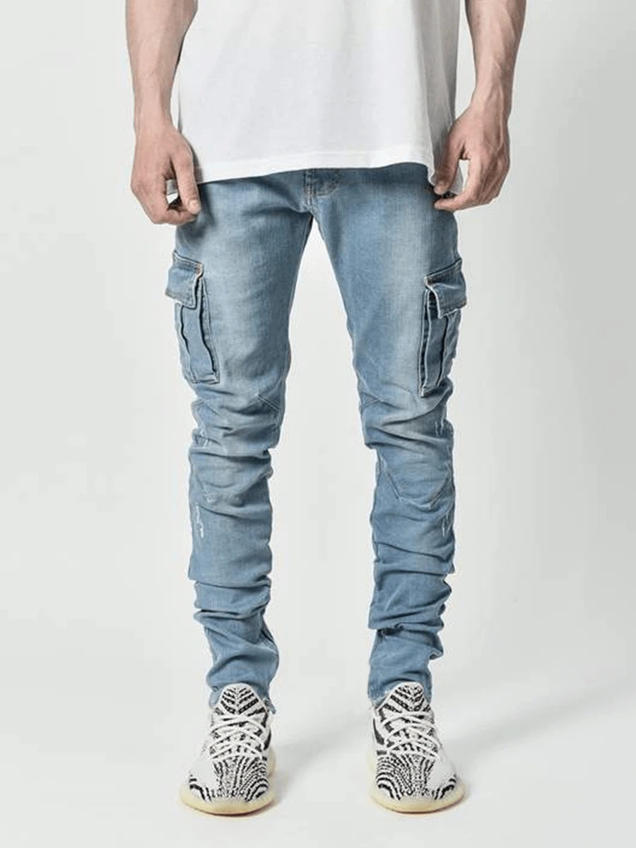 nowe Dżinsy Mężczyźni Spodnie Wash Solid Color Multi Pockets Denim Mid Waist Cargo Jeans Plus Size Fahsion Casual Trousers Męskie Codzienne noszenie