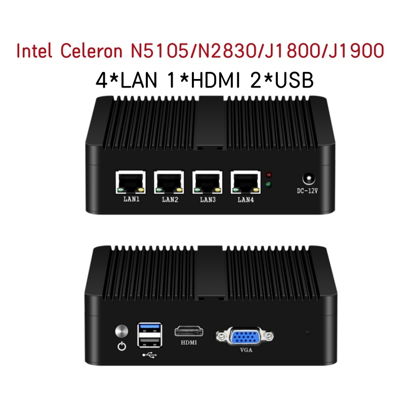 Mini PC Fanless Intel N5105 J1900 J4125 N2830 4LAN Gigabit i211 i225 NICs MINI Computador PfSense Servidor Firewall Box Router PC