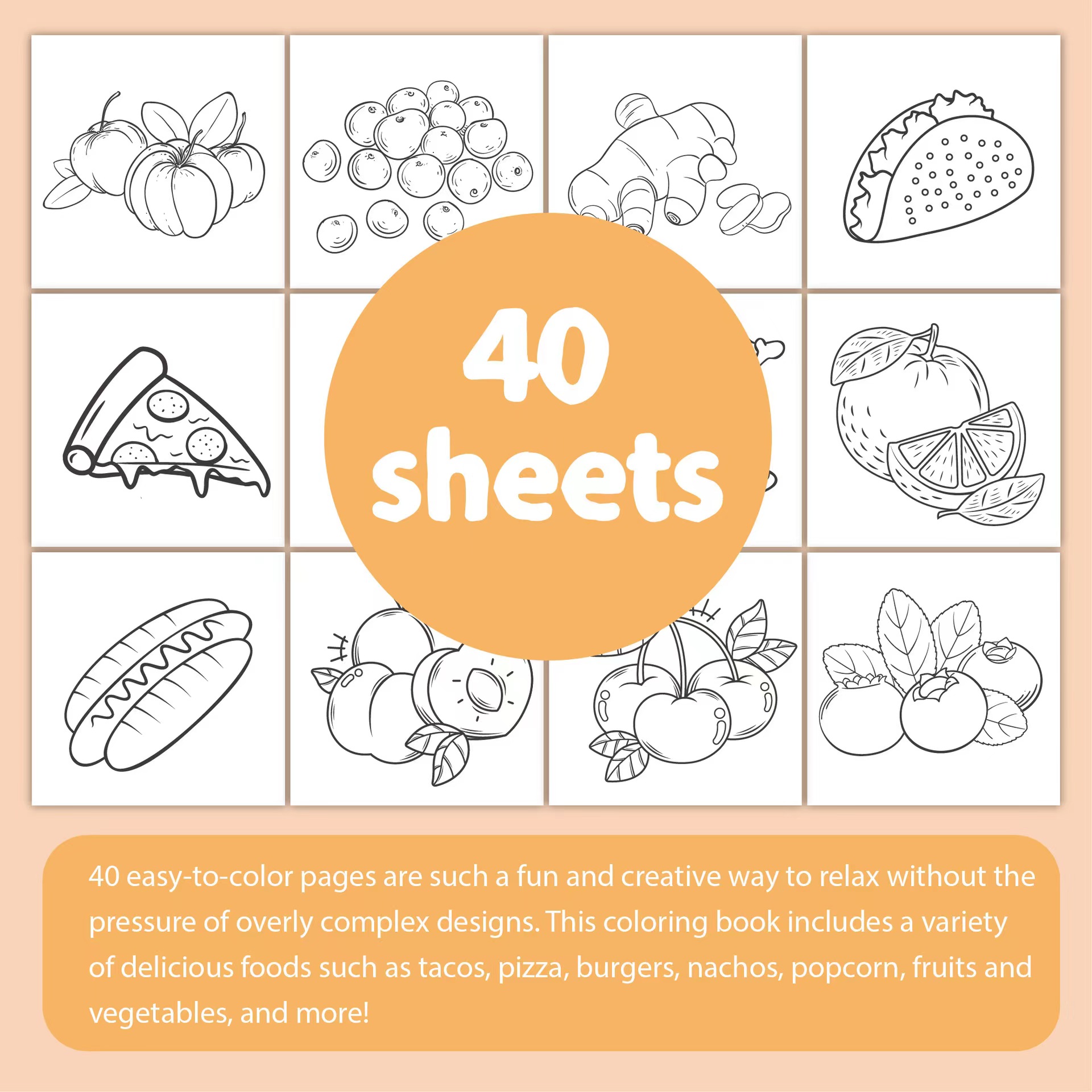 สมุดระบายสีการ์ตูนสร้างสรรค์ประกอบด้วยสมุดระบายสีเส้นขยุกขยิกอาหารและผลไม้ 40 หน้าสําหรับเด็กของขวัญวันเกิดวันหยุด