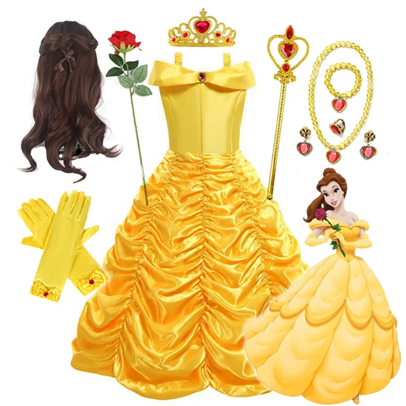 Disney Belle Princess Dress Halloween Cosplay Beauty and The Beast Costumes 2-10Y Girls Birthday Party Children Clothing Gown