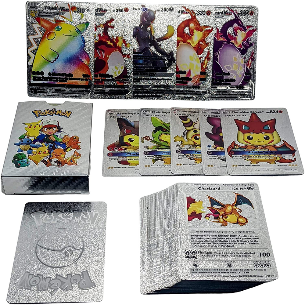 Caja de cartas de Pokémon Gold Pikachu, cartas de juego doradas y plateadas en español/inglés/francés, Charizard Vmax Gx, regalo para niño