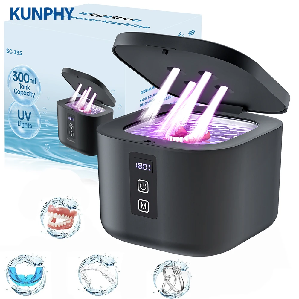 KUNPHY Ultrasonic Cleaner Jewelry Cleaner Kit UV Light Sterilization Sonic 48kHz For Watches Contact Lens Glasses Denture Teeth
