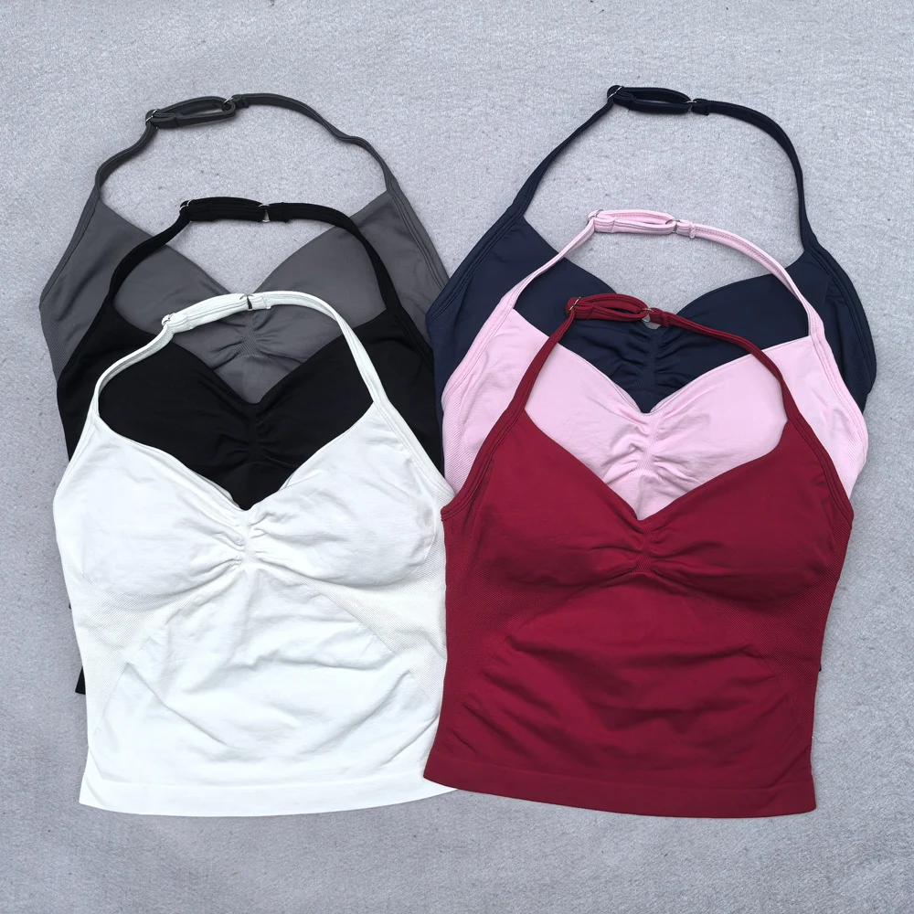 ปรับ Strappy GYM TOP Backless GYM เสื้อผ้าผู้หญิง Scrunch Bra ถ้วยถอดได้โยคะถังออกกําลังกายชุดเสื้อกีฬาเสื้อกั๊ก