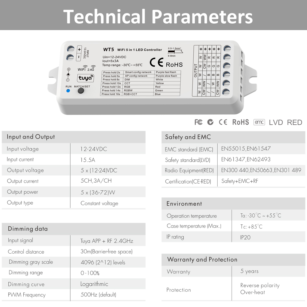 MJJC WT5 Tuya スマートライフ LED コントローラー 12V 24V 5 in 1 RGBCCT LED ストリップライトコントローラー アリス Alexa Echo Google ホームと連携