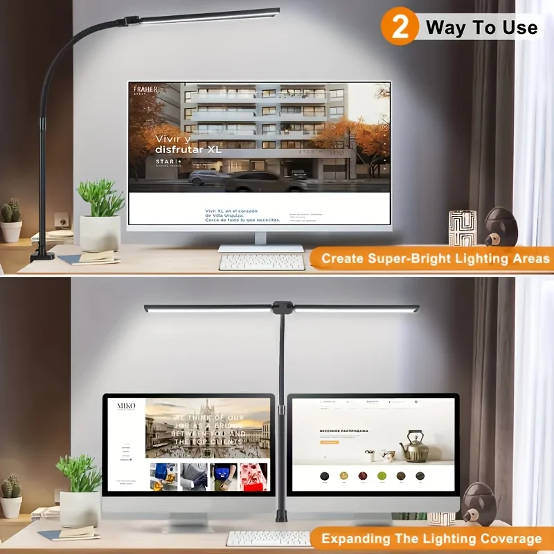 Doppel-/Einzelkopf-LED-Schreibtischlampe, dimmbar, PC-Monitor-Licht, USB-Tischlampen, Leselampen, Augenschutz, 3-Farben-Modus für Büro