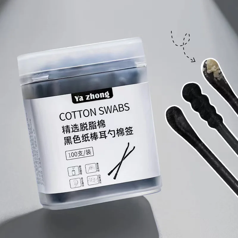 Dual-ended dual-ใช้ 2-in-1 สีดําผ้าฝ้ายช้อนหูเครื่องสําอางในครัวเรือนทิ้งผ้าฝ้าย Swabs ทําความสะอาดหูกลวง 100 PC