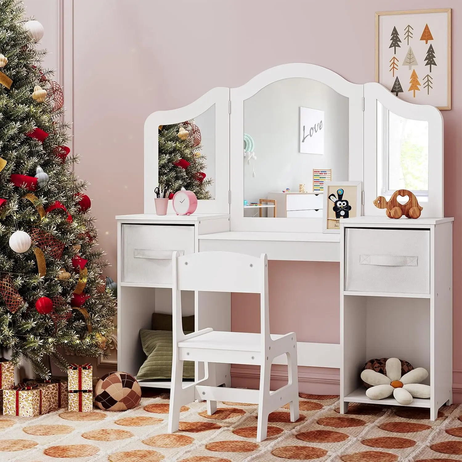 Kinder-Waschtisch, 2-in-1-Prinzessin-Make-up-Schreibtisch- und Stuhl-Set mit dreifach klappbarem, abnehmbarem Spiegel, große Ablageflächen aus Holz