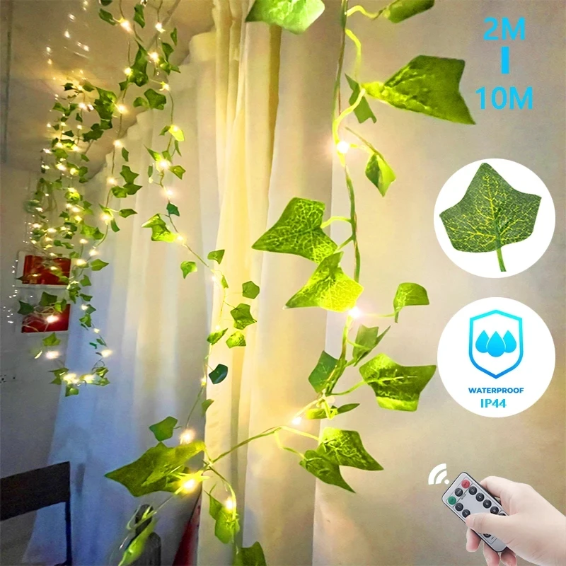Guirnalda de luces de hojas verdes y flores de 2M-10M, luces de hadas de vid artificiales, guirnalda navideña alimentada por USB/batería para deshierbe, decoración del hogar