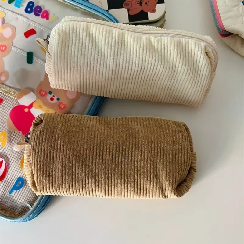 Creative Corduroy Pencil Case INS Style Large Capacity Toiletry Bag Zipper Pen Bag Office School Supplies,has random logo print