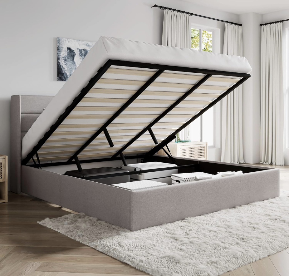 King Size Lift Up Storage Bed/Modern Wingback Headboard/Upholstered Platform Bed Frame/Hydraulic Storage/No Box Spring Needed/Wo