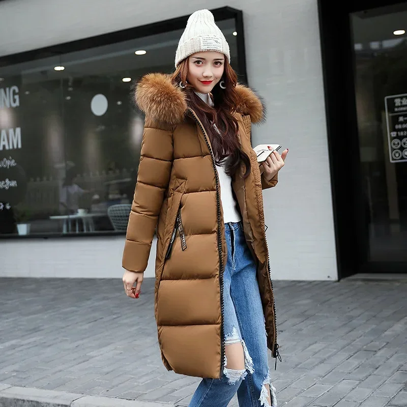 Kalenmos 2021 outono novas mulheres longas parkas com capuz gola de pele grande para baixo casaco acolchoado mulher coreano cor sólida streetwear pão topos