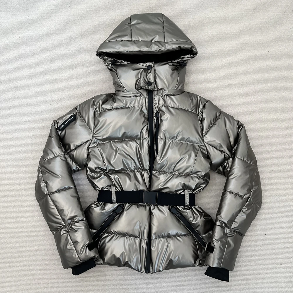 RARA 2025 Chaqueta de algodón con capucha para mujer, serie Ski, con cinturón, cintura a la moda, cálida, resistente al viento, impermeable, para ir al trabajo