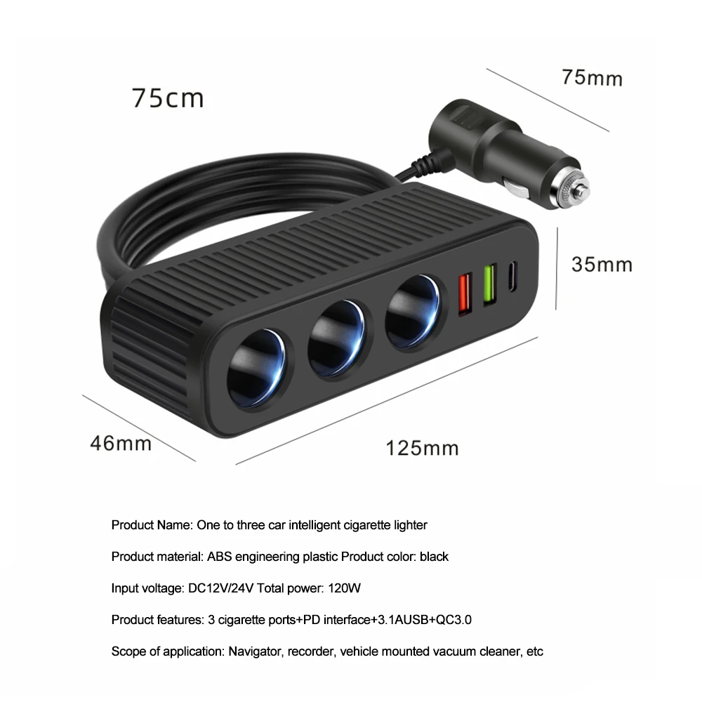 12v/24v isqueiro do carro 120w carregador de carro pd qc usb carga rápida adaptador de alimentação carregador de uma a quatro tomada multifuncional