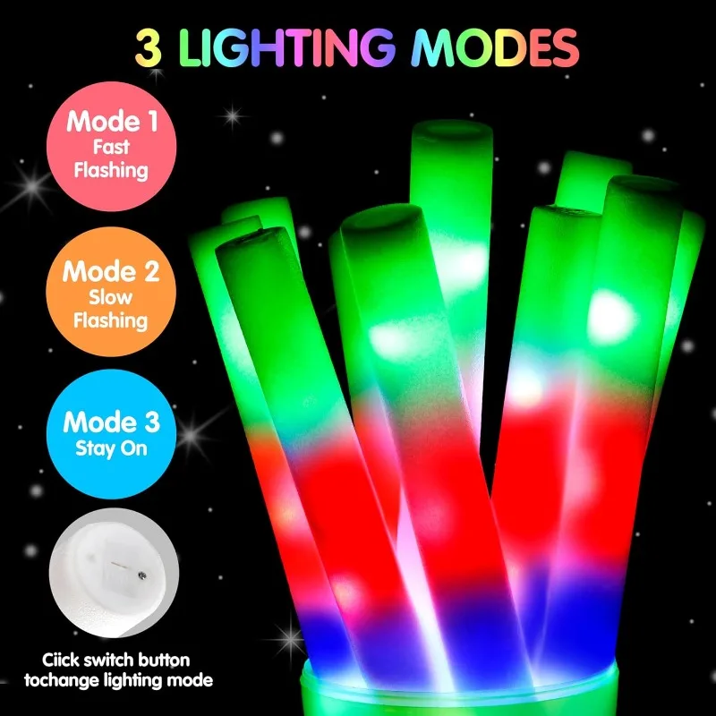 100 PCS Foam Glow Sticks Party Favors, Bulk LED Foam Light Up Sticks with 3 Modes Color Flashing Glow Party Supplies for W