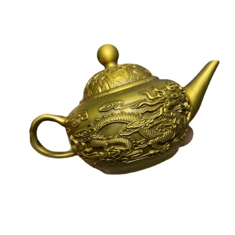 Antigo objeto antigo antigo cobre duplo dragão jogando com contas bule de cobre requintado pote de cobre dourado água pote de vinho antigo