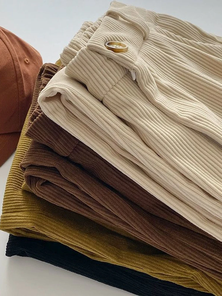 Pantalones Vintage de pana de cintura alta para mujer, pantalones rectos informales de longitud completa, moda coreana, pantalones negros que combinan con todo, primavera y otoño