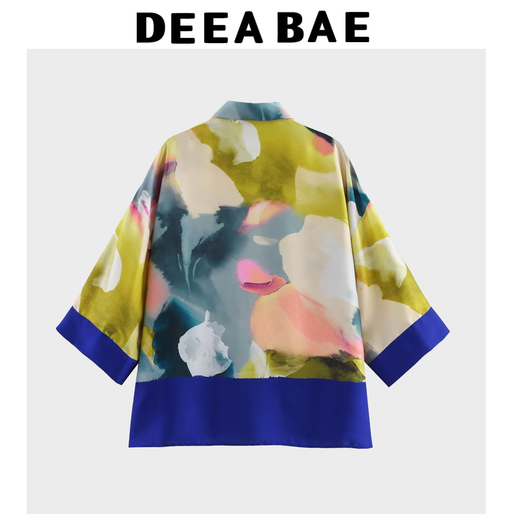 Deeabae versão coreana da nova roupa feminina retro contrastante impresso seda cetim textura camisa único breasted topo