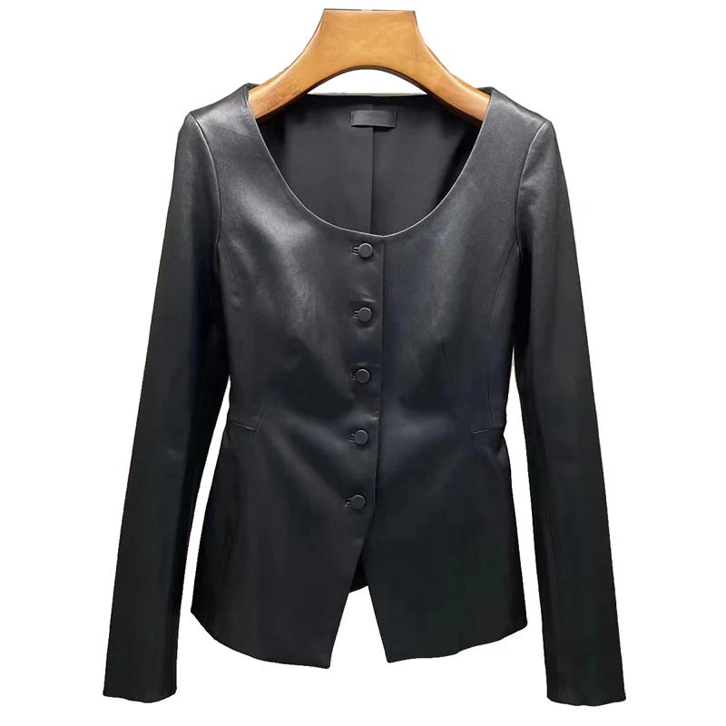 Cardigan de pele de carneiro genuíno para mulheres, jaqueta de couro stretch, roupas apertadas luxuosas, tops com gola em U, V Hem, couro genuíno, 2024