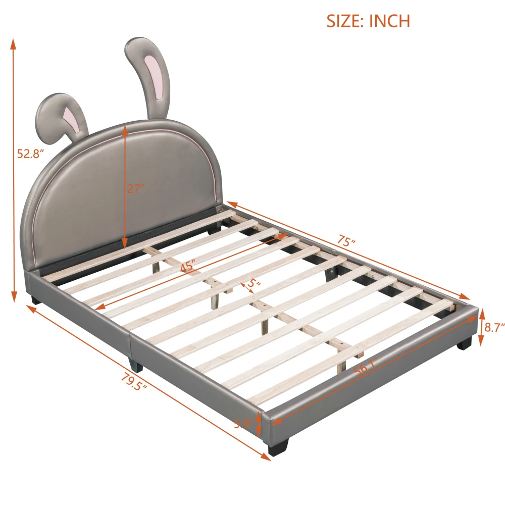 Full Size Upholstered Leather Platform Bed with Rabbit Ornament, Gray