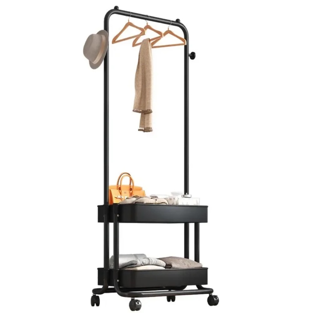 Household Multifunctional Coat Rack Bedroom Clothes Hanger with Universal Wheels 2 Layer Storage Organizer Mobility Stand