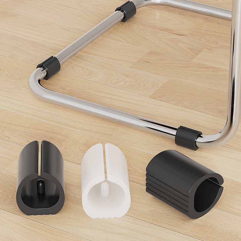Plastic snap-on U-shaped foot pads for office arcuate chairs. Silent, wear-resistant, anti-scratch and anti-slip.