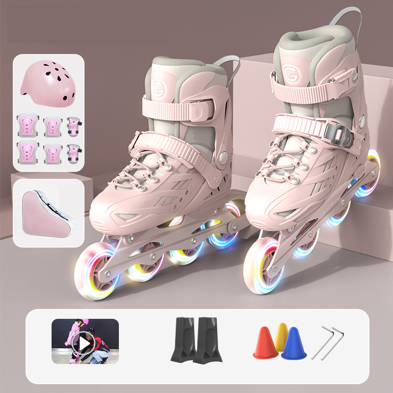 Inline-Rollschuhe mit Helm, Ellenbogen und Knieschützern, Schuhtaschen-Set, Flash 4-Räder, Turnschuhe für Jungen und Mädchen, verstellbare Skateschuhe
