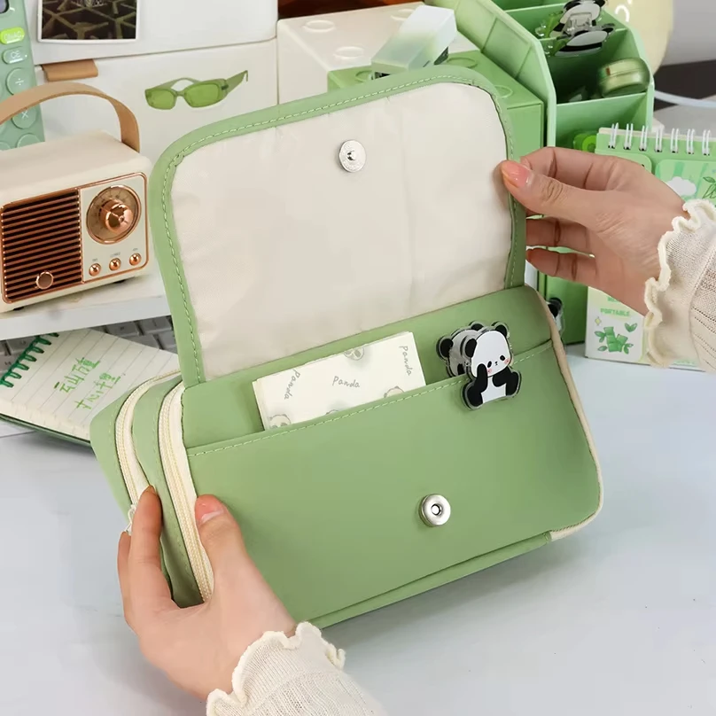 Estojo de lápis de grande capacidade de 9 camadas com compartimento transparente e botão magnético para lápis de material escolar de recuperação