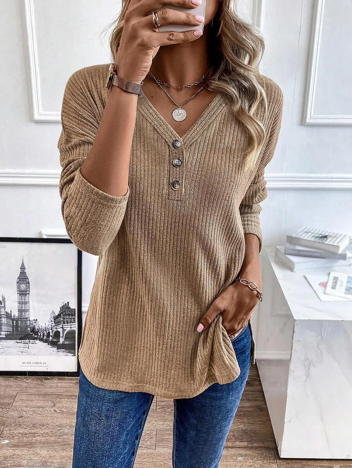 Frühlings- und Herbstknöpfe, gerippte Strickoberteile, lässiger Pullover, All-Match-einfarbiger Langarmpullover mit V-Ausschnitt