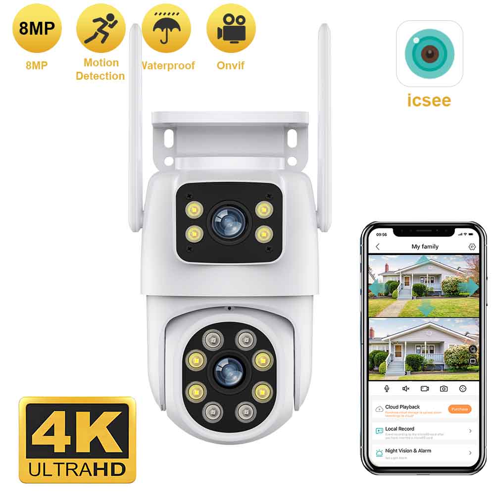 Câmera IP de lente dupla ao ar livre com tela dupla, rastreamento automático, proteção de segurança, vigilância CCTV, 4K, 8MP, PTZ, WiFi, HD, iCSee
