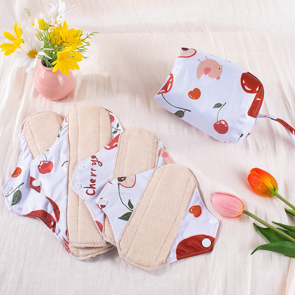 Compresas sanitarias reutilizables, forros de bragas de algodón lavables, compresas menstruales de tela suave, 4 Uds. De almohadillas con 1 Mini bolsa húmeda