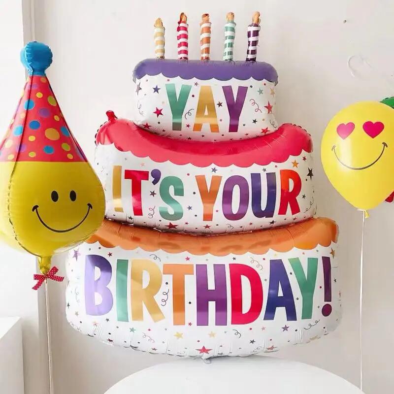 3D 생일 케이크 알루미늄 필름 풍선 장식 컬러 더블 레이어 케이크 1 세 베이비 샤워 생일 파티 용품