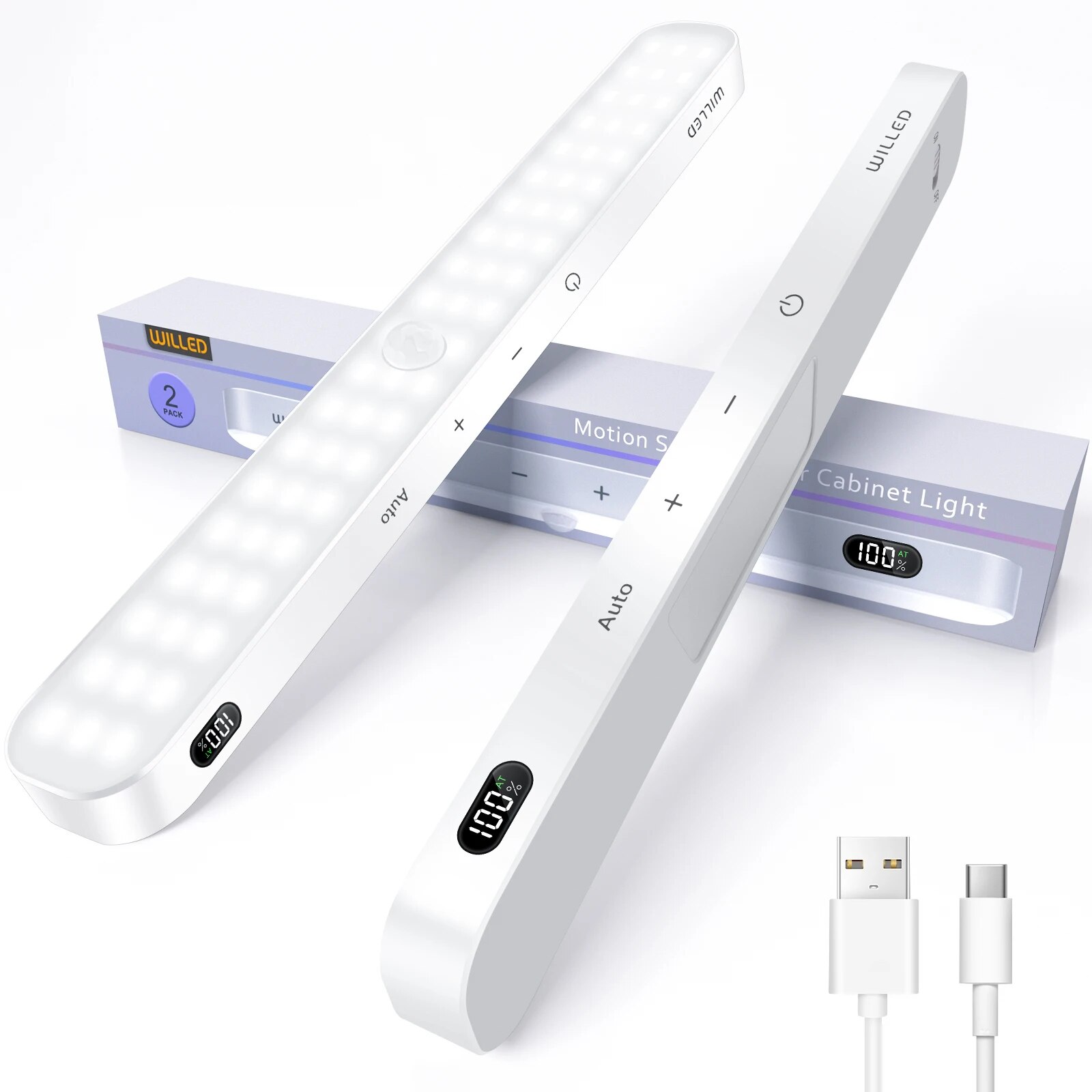 WILLED Motion Sensor Schrankleuchte, Batterieanzeige, 60 LEDs, Touch-Lichtleiste, kabelloses Nachtlicht mit wiederaufladbarem Akku