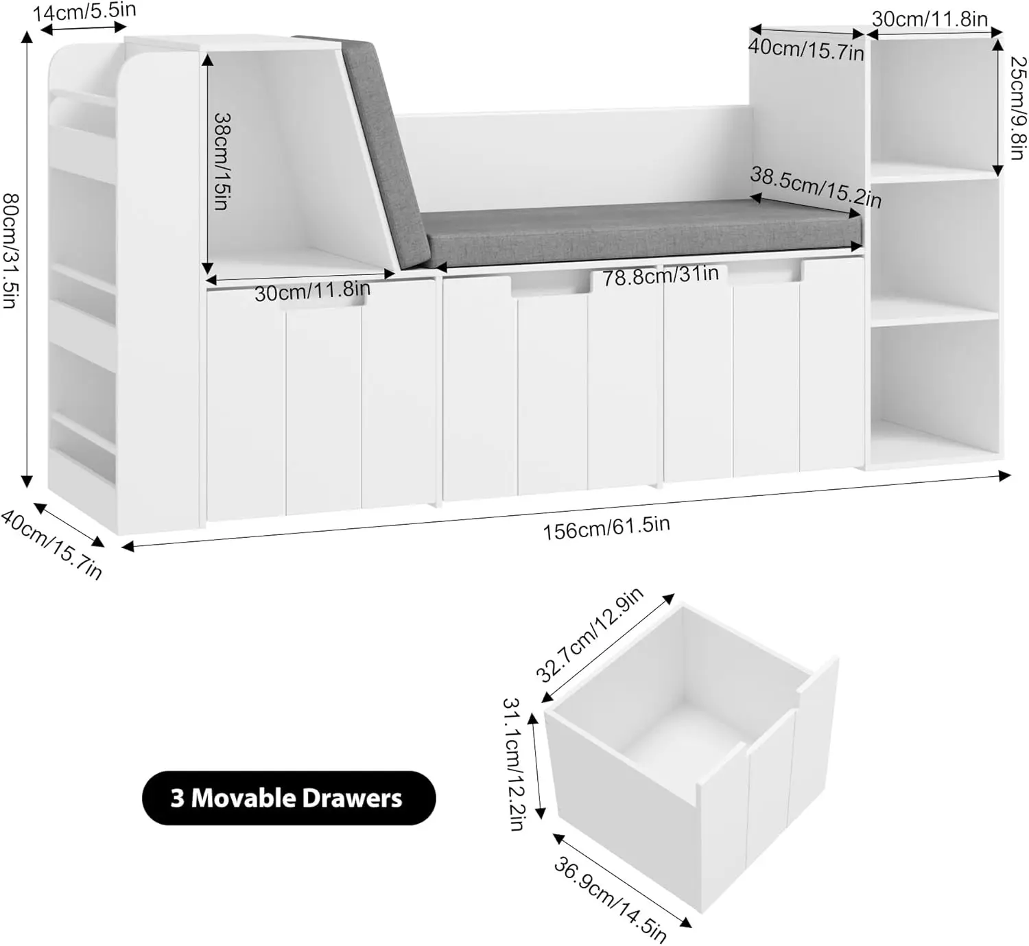 61.5" Kids Reading Nook with 3-Layer Bookshelf, Reading Nook for Kids with Double Bench and Rolling Drawers, Kids Bookshelf and
