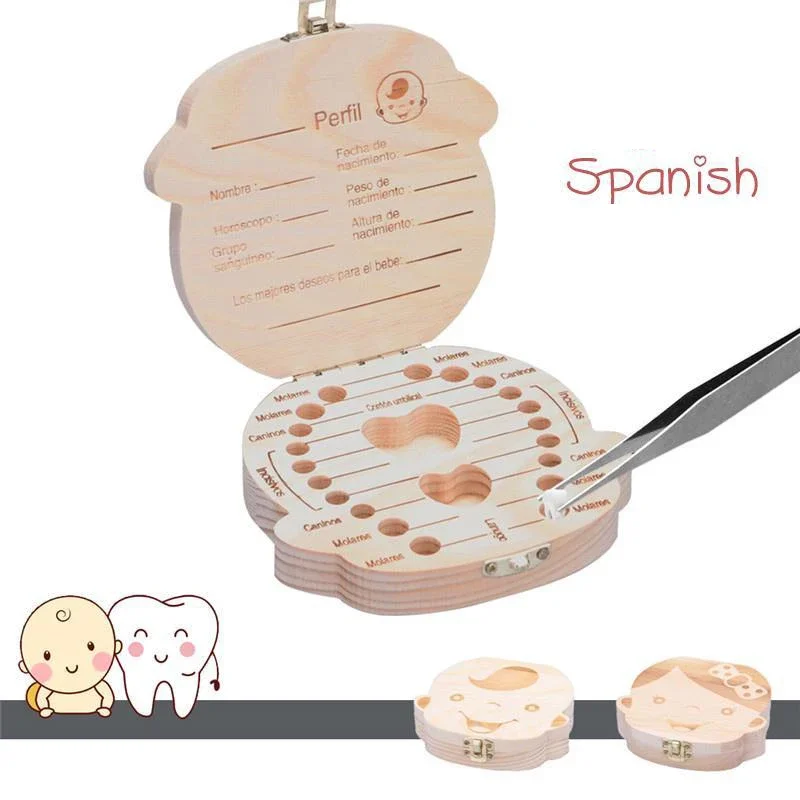 Boîte à dents de bébé en bois espagnol, 1 pièce, organisateur de dents de lait pour enfants, rangement de Souvenirs pour bébés garçons et filles, cadeaux souvenirs