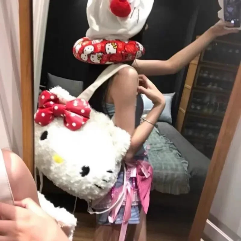 MBTI Hello Kitty bolso de hombro de felpa para mujer, bolso de mano de gran capacidad con dibujos animados suaves y esponjosos, bolso informal de estilo japonés