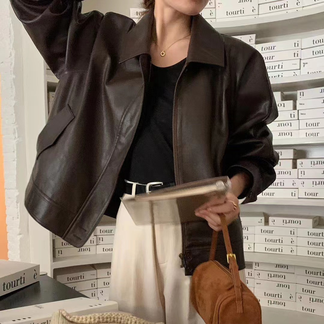 Jaqueta de Motocicleta Estilo Retrô Solta com Bolso com Zíper, Casaco de Couro Faion para Mulheres Jovens, Estilo de Trabalho