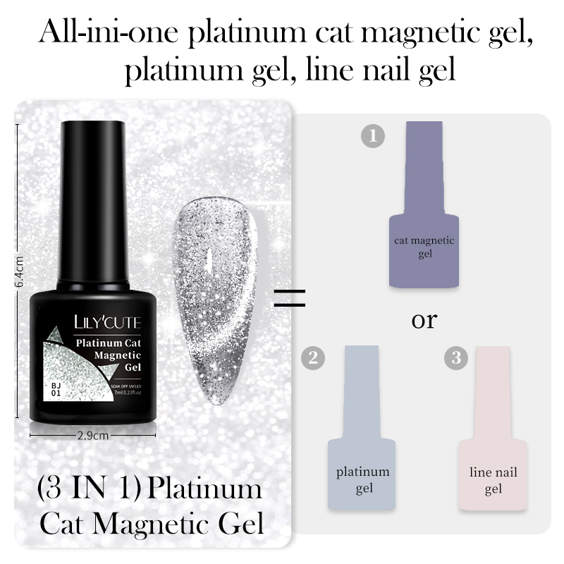 LILYCUTE 7ML 3 IN 1 Platinum Rose Gold Cat Magnetic Gel เล็บ Moonlight Magnetic Gel เคลือบเงา Glitter กึ่งถาวร UV เจล